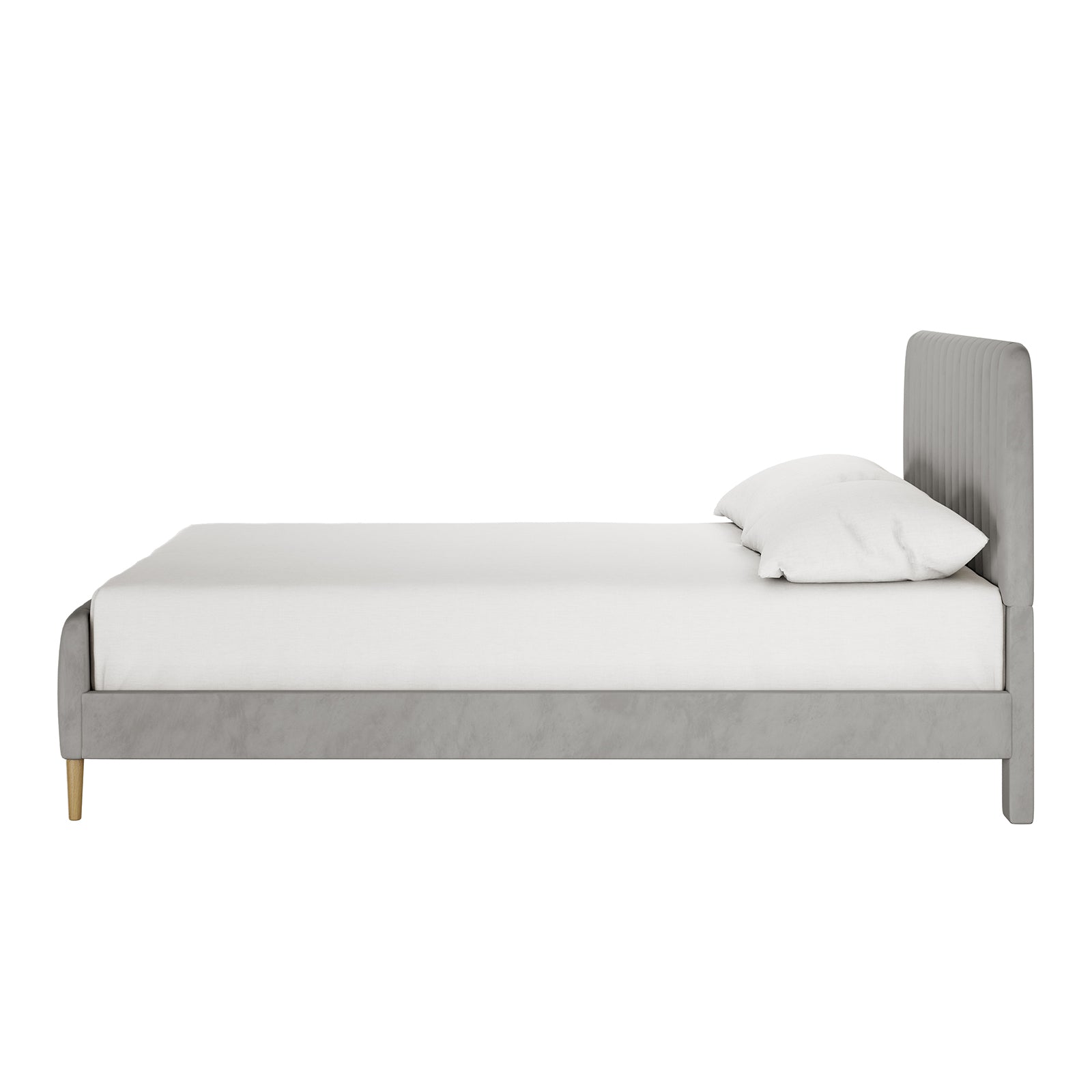 Seneca Queen Upholstered Velvet Bed – Slate: Side-view of a modern platform bed with a low grey upholstered frame, short wooden legs, and a tall, channel-tufted headboard, featuring a white mattress and pillow.
