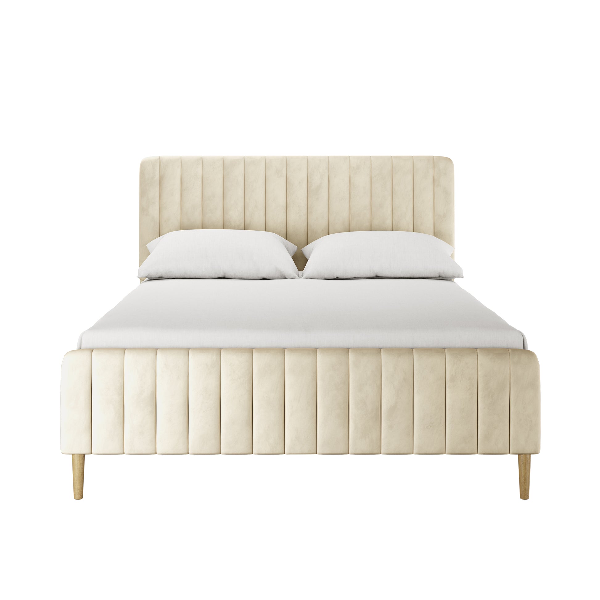 Seneca Queen Curved Velvet Fabric Bed Frame in Sandy White features a vertically channel-tufted headboard and footboard in light cream velvet, dressed with white bedding, supported by simple turned wooden legs.