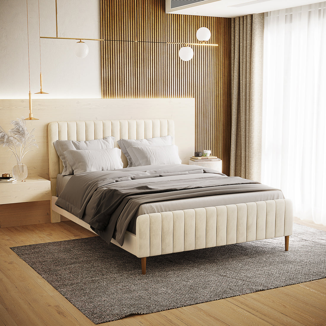 Seneca Queen Curved Velvet Fabric Bed Frame in Sandy White, featuring soft velvet upholstery, a subtly curved headboard, and minimalist floating nightstands with elegant pendant lighting, set against a slatted wooden accent wall.