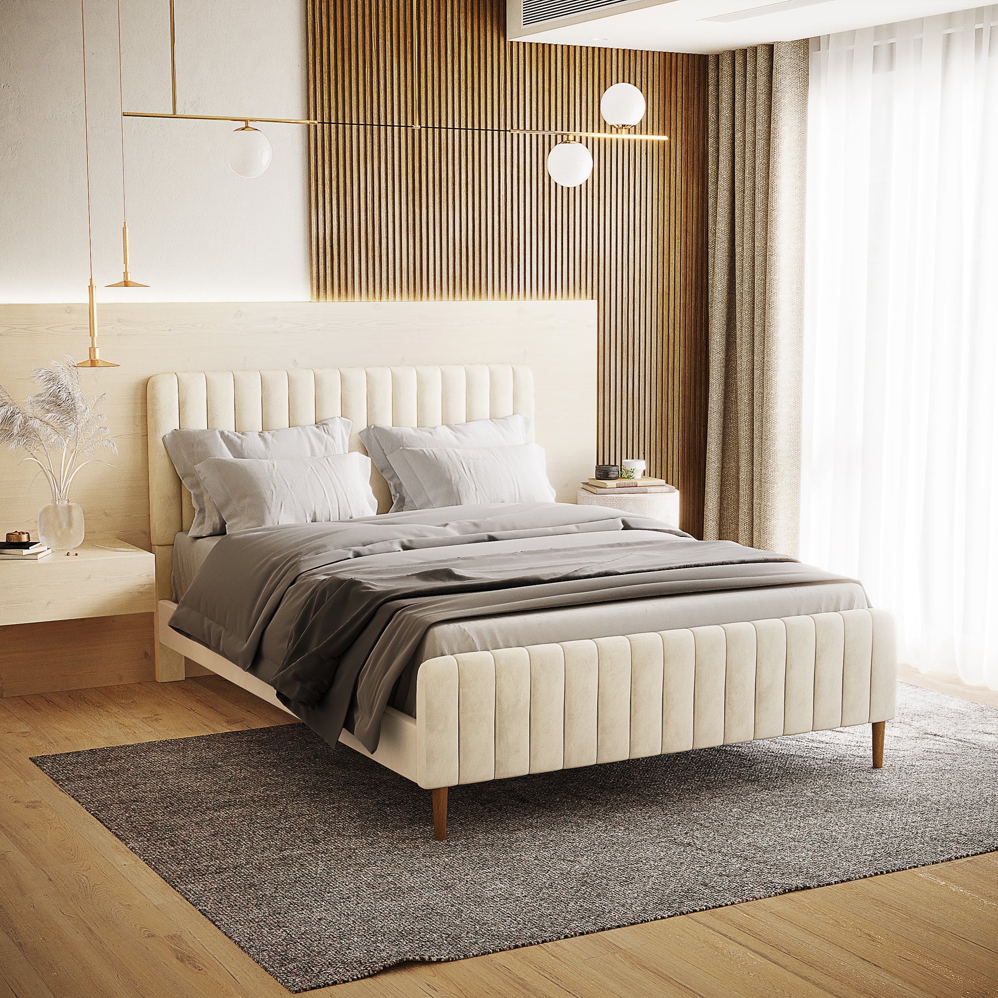 Seneca Queen Curved Velvet Fabric Bed Frame in Sandy White, featuring soft velvet upholstery, a subtly curved headboard, and minimalist floating nightstands with elegant pendant lighting, set against a slatted wooden accent wall.