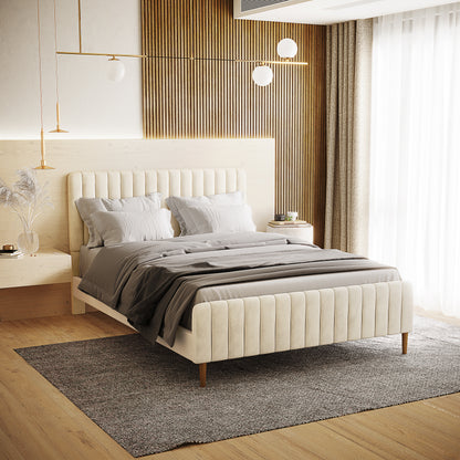 Seneca Queen Curved Velvet Fabric Bed Frame in Sandy White, featuring soft velvet upholstery, a subtly curved headboard, and minimalist floating nightstands with elegant pendant lighting, set against a slatted wooden accent wall.