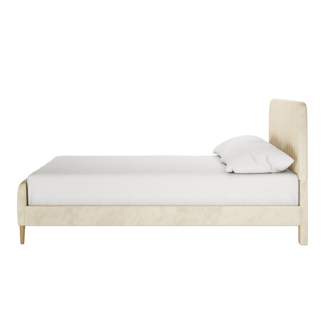 Seneca Queen Curved Velvet Fabric Bed Frame in Sandy White, featuring a vertically channel-stitched headboard and low footboard, upholstered with plush velvet, set against a plain white backdrop.