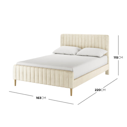 Seneca Queen Curved Velvet Fabric Bed Frame in Sandy White features a vertically channel-tufted headboard, matching footboard, and wooden legs, measuring 163 cm wide × 220 cm deep × 115 cm high.