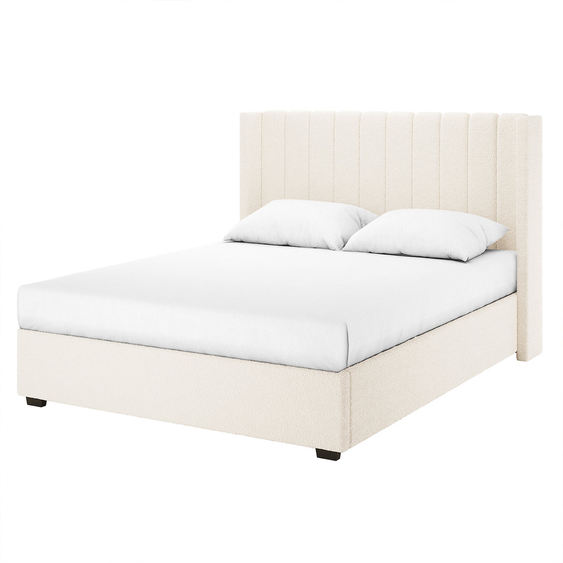 Septima & Fulvia Bouclé King Bed Base & Winged Headboard in Cream White features a cream-colored upholstered frame with a tall, channel-stitched headboard, fitted with a white mattress and pillows on dark block feet.
