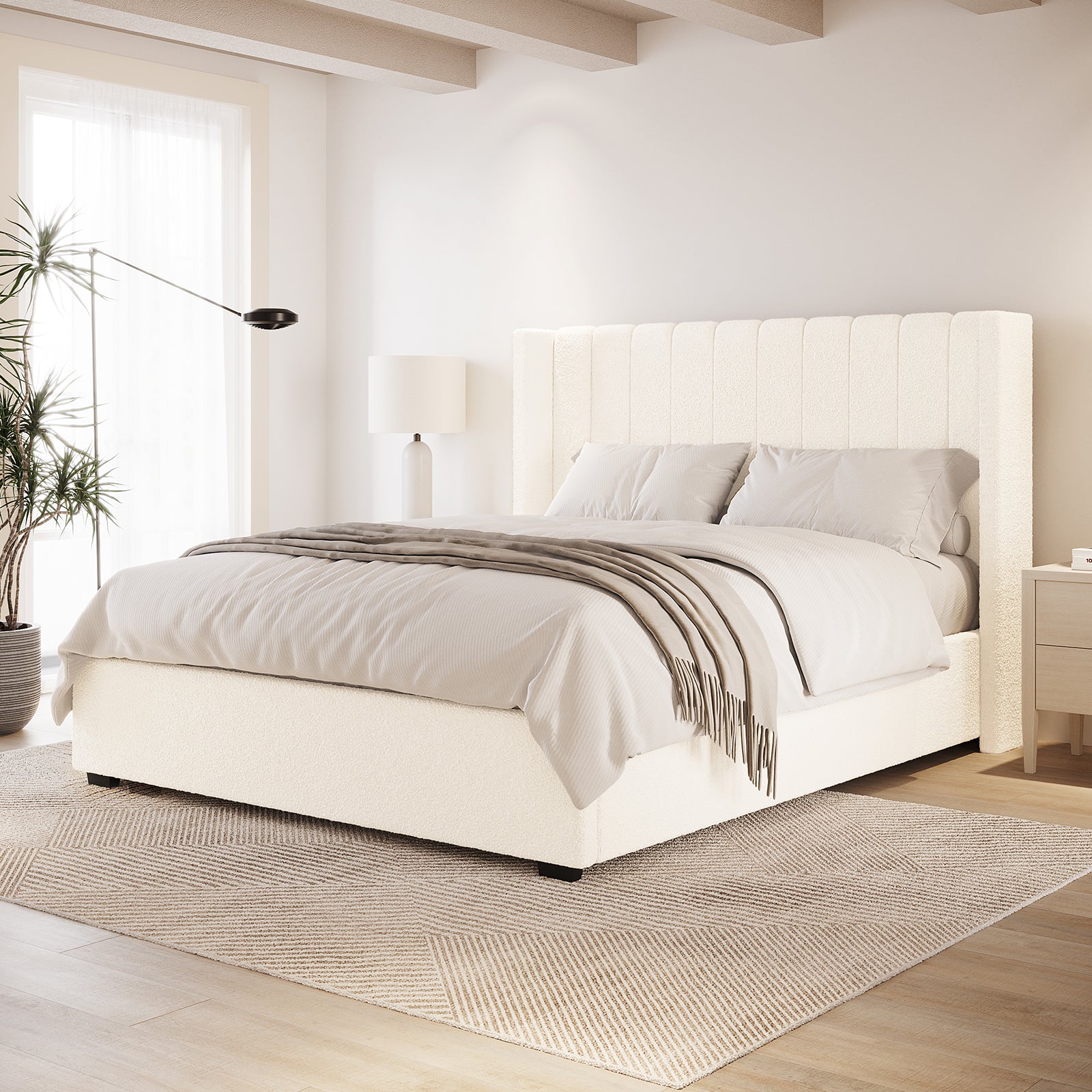 Septima & Fulvia Boucle King Bed Base & Winged Headboard in Cream White, featuring off-white boucle upholstery, channel-tufted design, and matching linens, creating a modern, minimalist bedroom aesthetic.