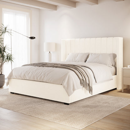 Septima & Fulvia Boucle King Bed Base & Winged Headboard in Cream White, featuring off-white boucle upholstery, channel-tufted design, and matching linens, creating a modern, minimalist bedroom aesthetic.