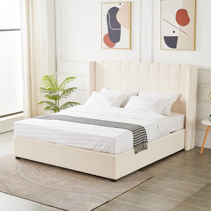 Septima & Fulvia Boucle King Bed Base & Winged Headboard in Cream White, featuring a tufted design with crisp white linens, a houndstooth throw, and minimalist art accents in a contemporary bedroom.