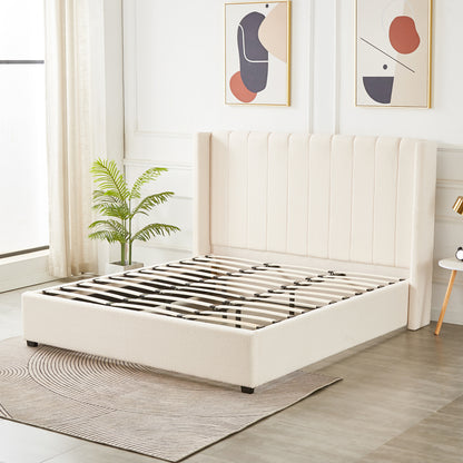 Septima & Fulvia Bouclé King Bed Base & Winged Headboard in Cream White, featuring a tall channel-tufted headboard and cream bouclé upholstery, set against a minimalist bedroom with abstract art and a modern lamp.