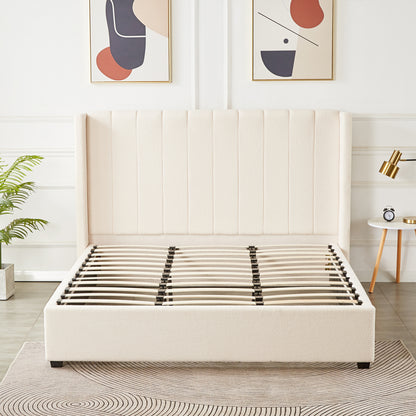 Septima & Fulvia Bouclé King Bed Base & Winged Headboard in Cream White features a tall, vertically-channeled headboard, exposed wooden slats, and complements minimalist decor with gold-framed art and a brass lamp.