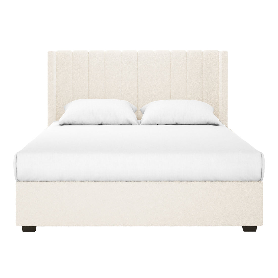 Septima & Fulvia Boucle King Bed Base & Winged Headboard in Cream White features a cream upholstered platform bed with a tall, vertically channeled headboard and matching low-profile base with white bedding.