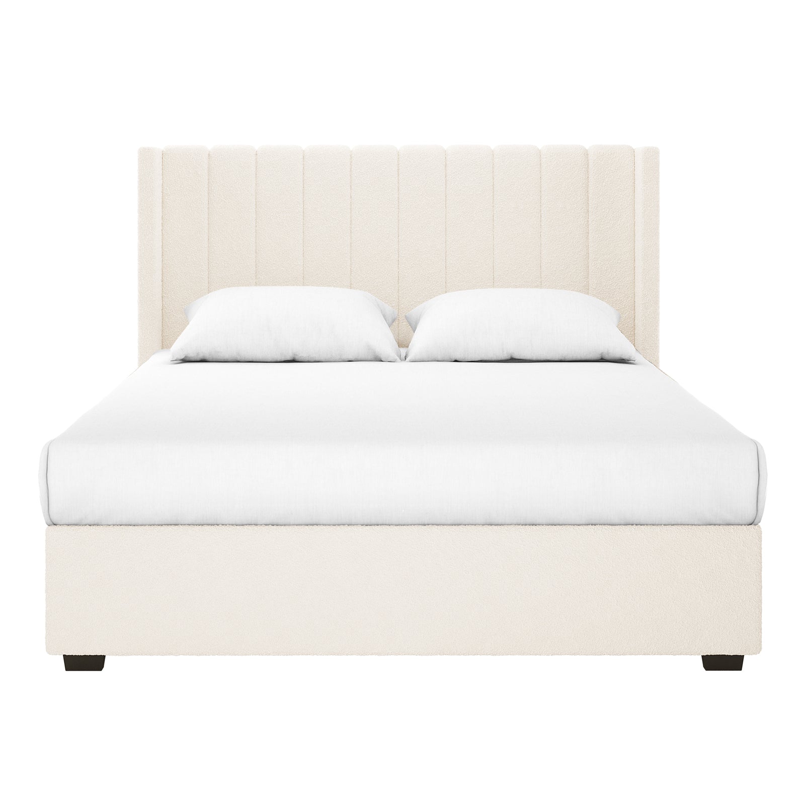 Septima & Fulvia Boucle King Bed Base & Winged Headboard in Cream White features a cream upholstered platform bed with a tall, vertically channeled headboard and matching low-profile base with white bedding.