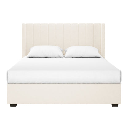 Septima & Fulvia Boucle King Bed Base & Winged Headboard in Cream White features a cream upholstered platform bed with a tall, vertically channeled headboard and matching low-profile base with white bedding.