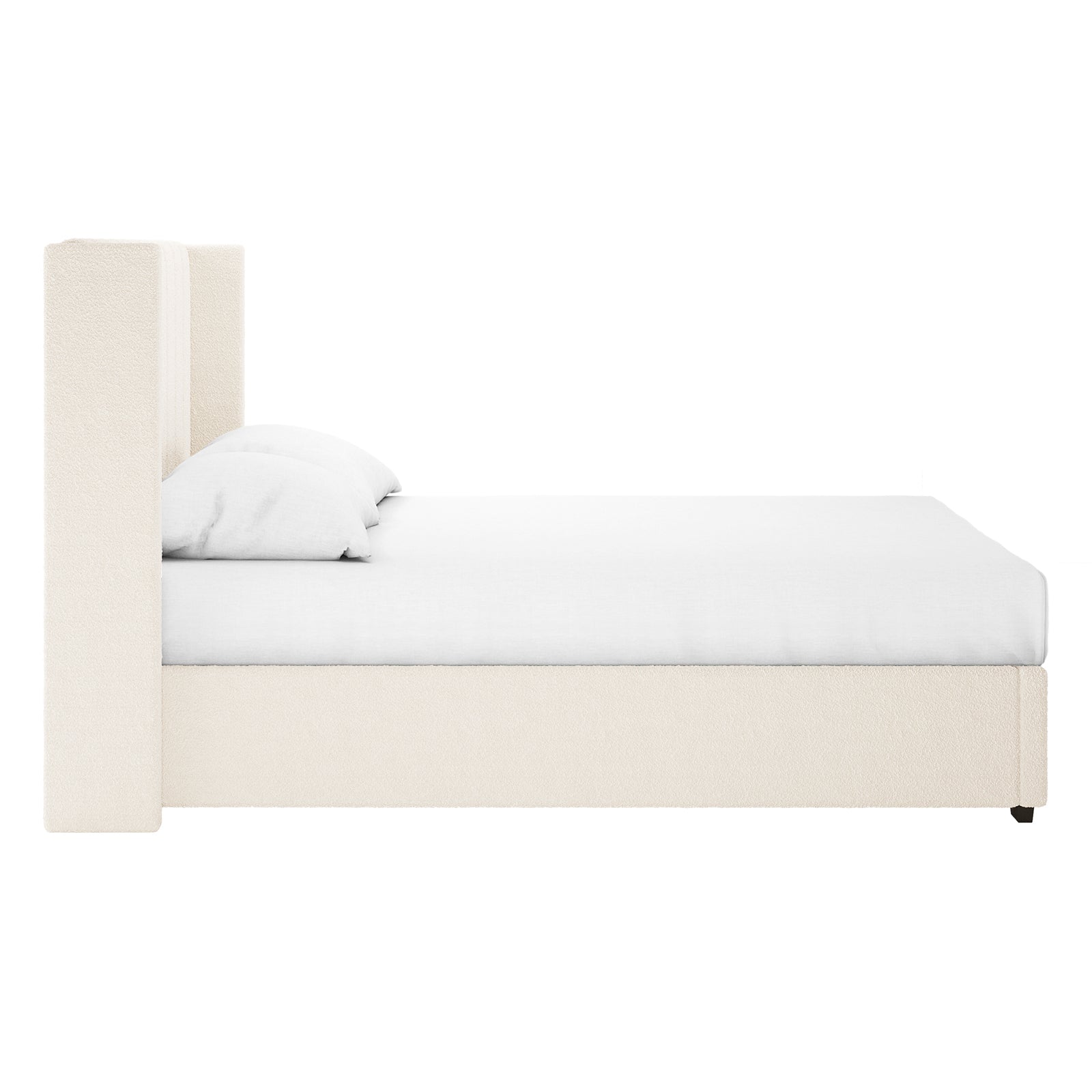 Septima & Fulvia Boucle King Bed Base & Winged Headboard in Cream White, featuring a tall squared-off headboard and fully wrapped base in luxurious bouclé fabric, topped with simple white linens.