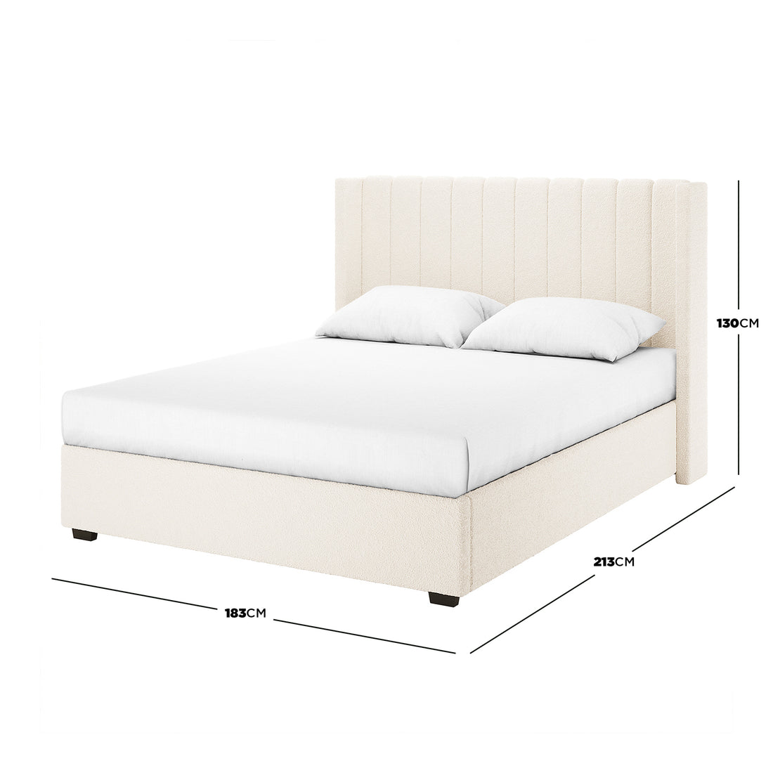 Septima & Fulvia Bouclé King Bed Base & Winged Headboard in Cream White, featuring a tall, vertical-channelled headboard and low footboard, upholstered in textured bouclé fabric, with a sturdy wood frame.