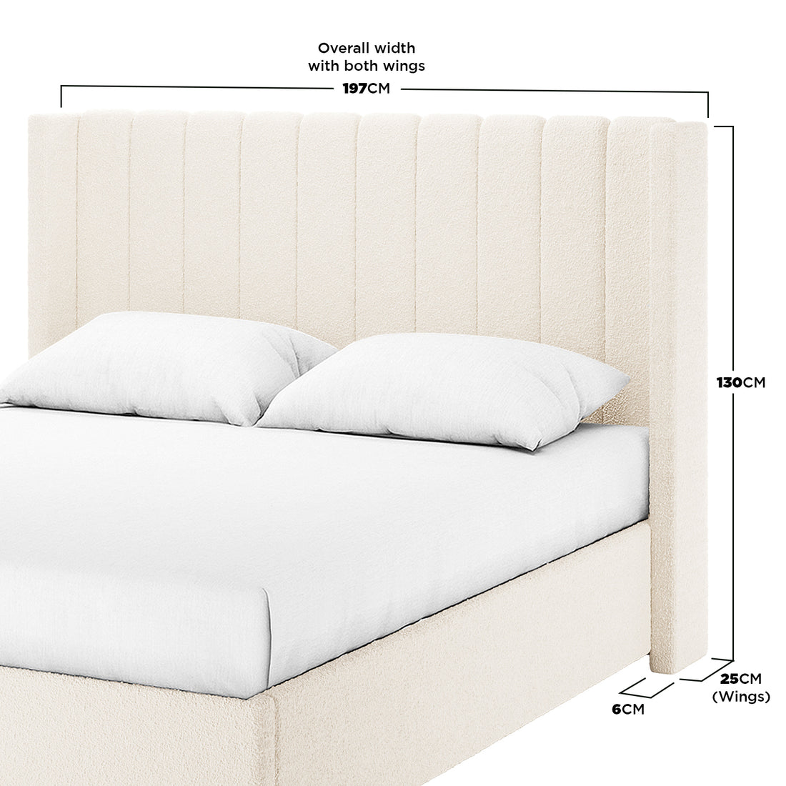 Septima & Fulvia Boucle King Bed Base & Winged Headboard in Cream White, featuring a cream-colored, channel-tufted wingback headboard with matching wings, on a low-profile frame with white bedding.