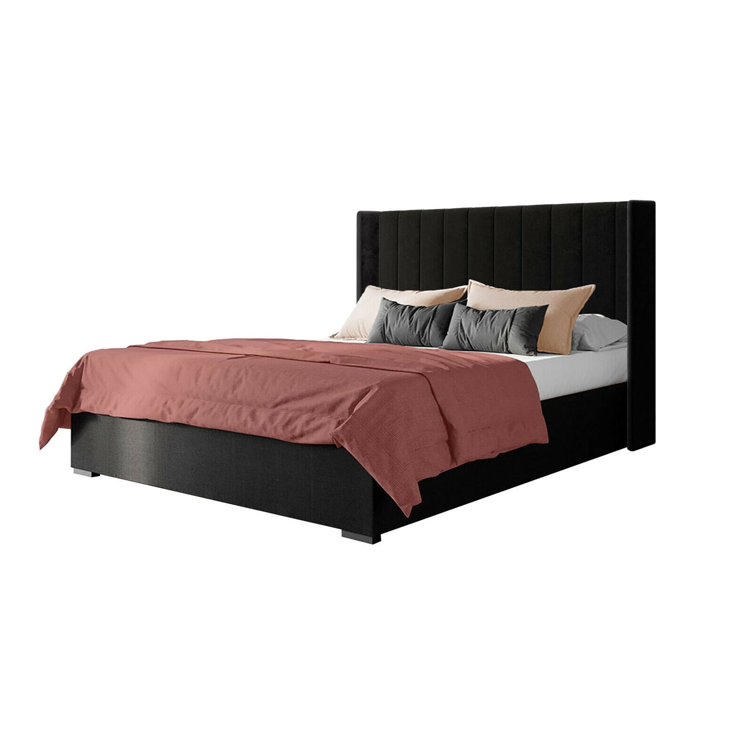 Septima & Fulvia King Bed & Headboard Package – Ink, showcasing a close-up of the channel-tufted headboard with deep velvet texture, emphasizing luxury and comfort for a modern bedroom setting.
