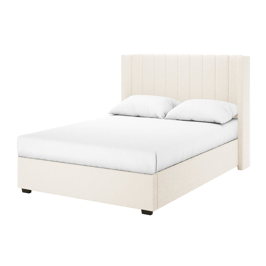 Septima & Fulvia Bouclé Queen Bed Base & Headboard in Cream White, showcasing a tall tufted headboard, low footboard, and short dark wood feet, dressed in white bedding and pillows.