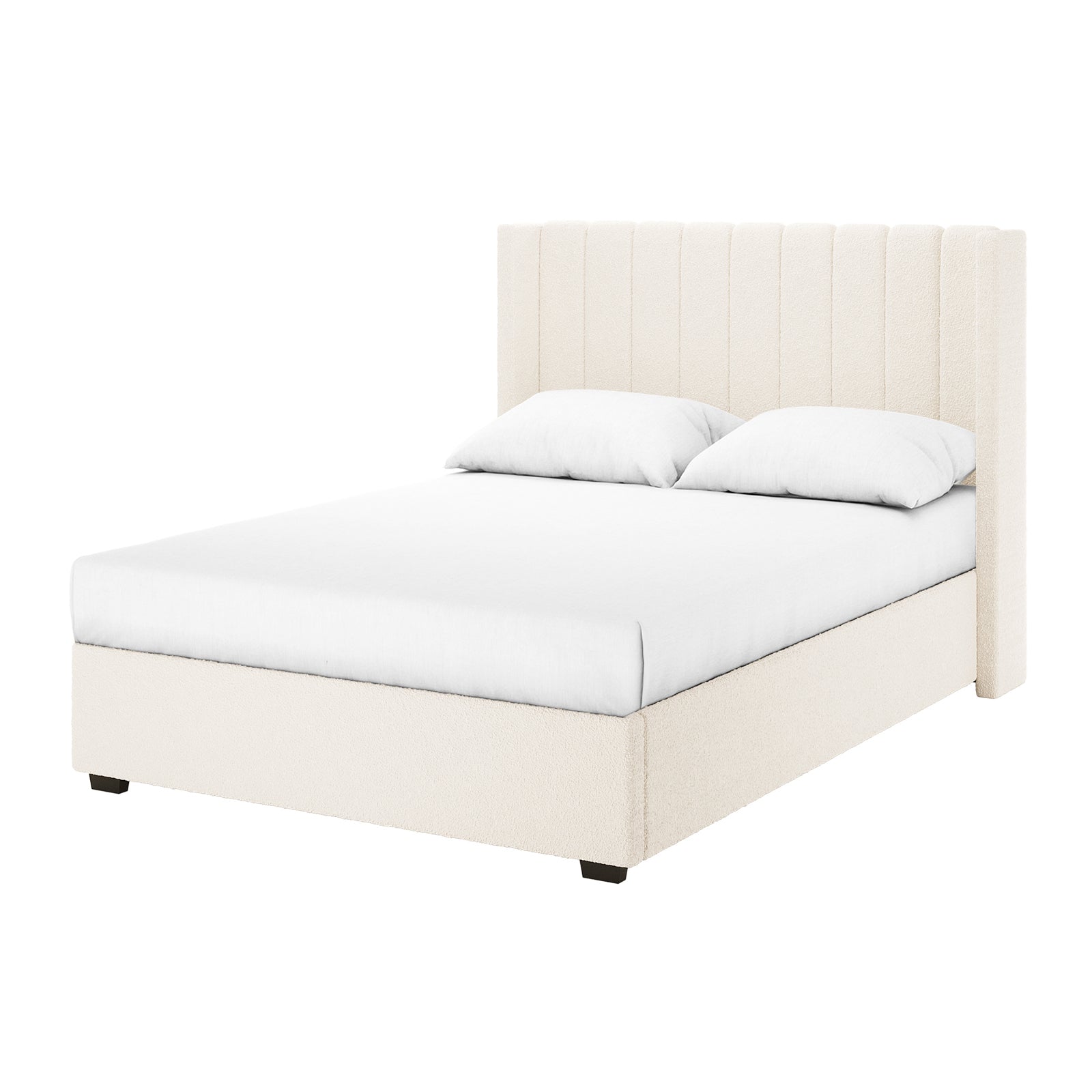 Septima & Fulvia Bouclé Queen Bed Base & Headboard in Cream White, showcasing a tall tufted headboard, low footboard, and short dark wood feet, dressed in white bedding and pillows.