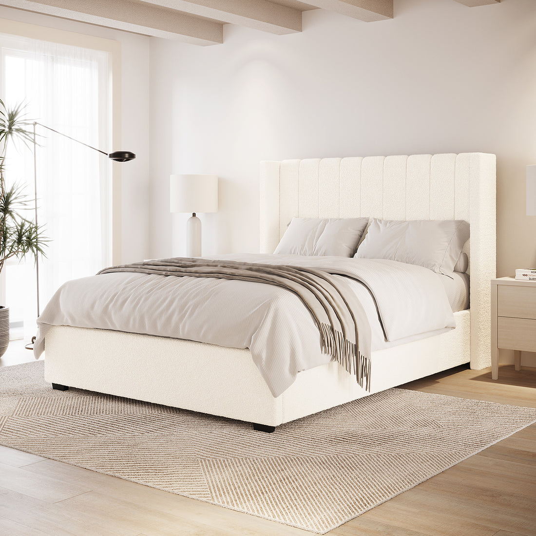 Septima & Fulvia Bouclé Queen Bed Base & Headboard in Cream White, featuring a tall tufted headboard, upholstered platform bed, in a minimalist bedroom with crisp linens and a geometric-pattern rug.