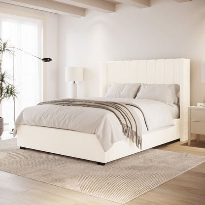 Septima & Fulvia Bouclé Queen Bed Base & Headboard in Cream White, featuring a tall tufted headboard, upholstered platform bed, in a minimalist bedroom with crisp linens and a geometric-pattern rug.