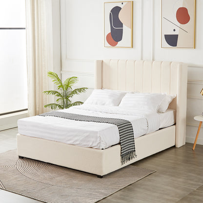 Septima & Fulvia Bouclé Queen Bed Base & Headboard in Cream White, featuring a tall channel-tufted headboard, upholstered design, and elegant minimalist style. Accented with a houndstooth throw and abstract prints.