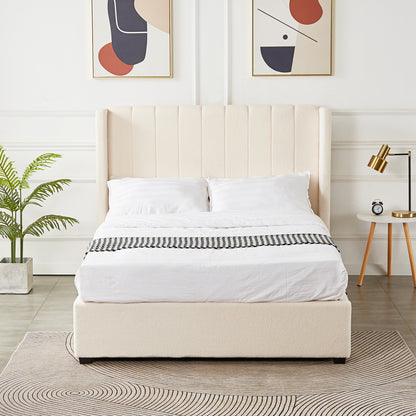 Septima & Fulvia Bouclé Queen Bed Base & Headboard in Cream White, featuring a tall channel-tufted headboard, crisp white bedding, a patterned runner, with a plant and side table accenting the scene.