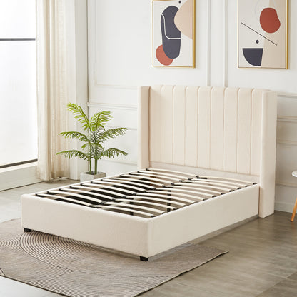 Septima & Fulvia Bouclé Queen Bed Base & Headboard in Cream White, featuring a tall, channel-tufted design with exposed wooden slats, accompanied by mid-century wall prints and a potted palm.
