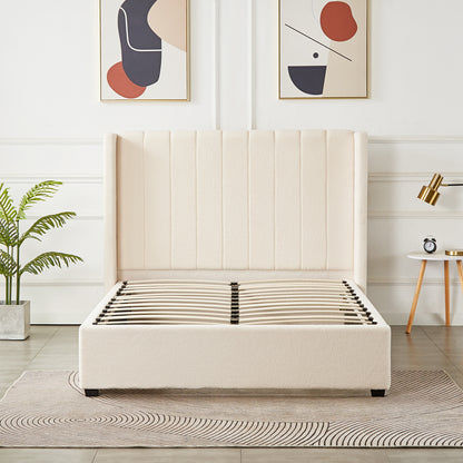 Septima & Fulvia Bouclé Queen Bed Base & Headboard in Cream White, featuring a tall, wing-style, vertically channel-stitched headboard, with visible wooden slats, complemented by a neutral rug and abstract art prints.