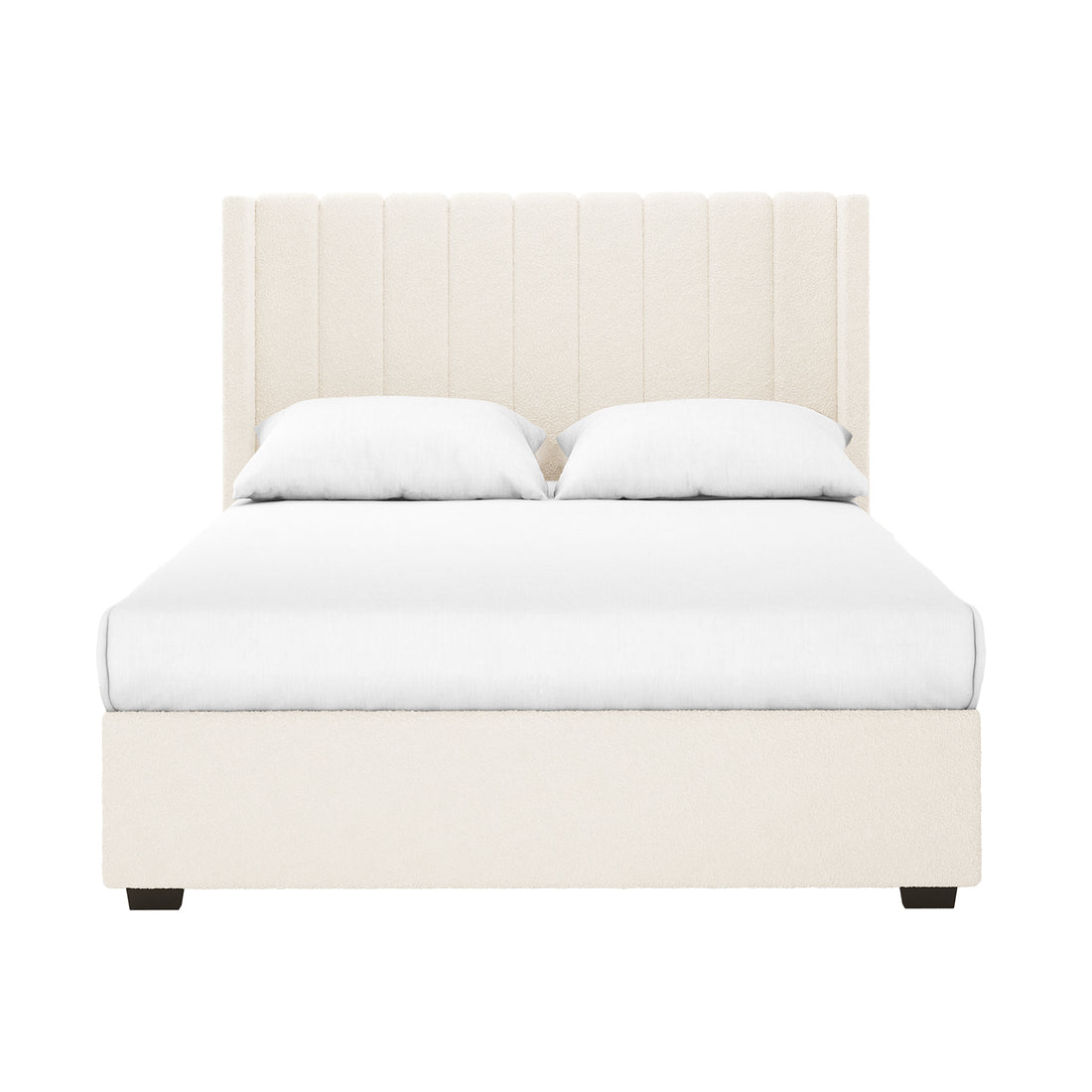 Septima & Fulvia Bouclé Queen Bed Base & Headboard in Cream White features a vertical-channel headboard and low footboard, both in cream bouclé fabric, with a white mattress and pillows on dark wooden feet.