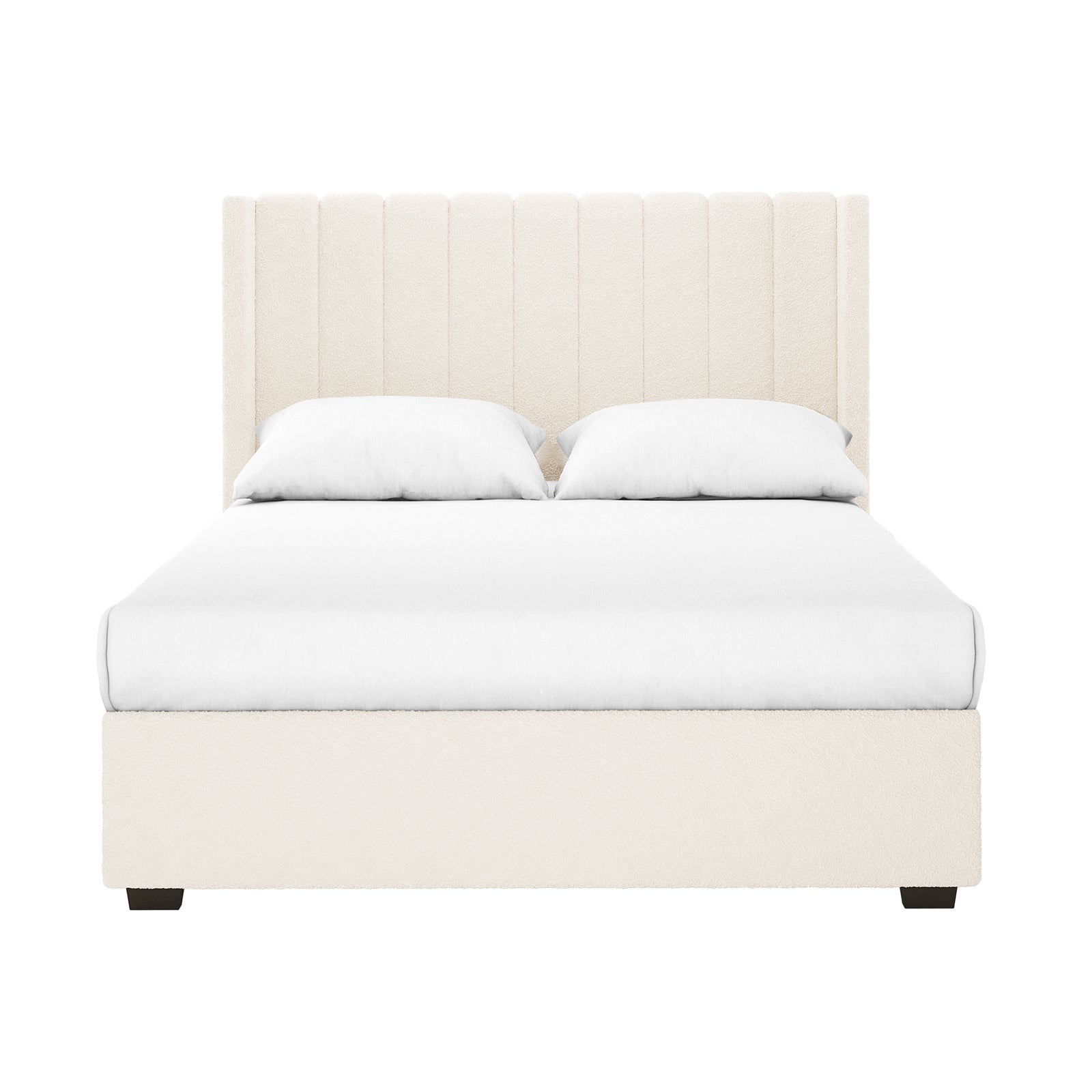 Septima & Fulvia Bouclé Queen Bed Base & Headboard in Cream White features a vertical-channel headboard and low footboard, both in cream bouclé fabric, with a white mattress and pillows on dark wooden feet.