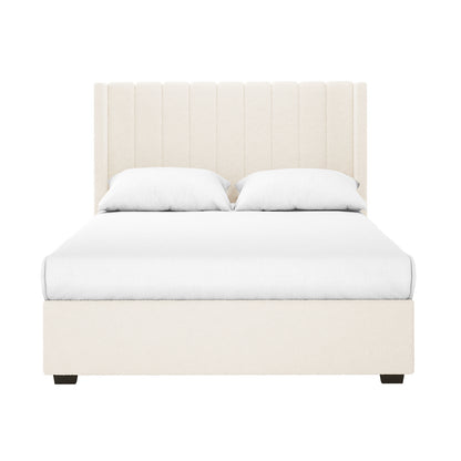 Septima & Fulvia Bouclé Queen Bed Base & Headboard in Cream White features a vertical-channel headboard and low footboard, both in cream bouclé fabric, with a white mattress and pillows on dark wooden feet.
