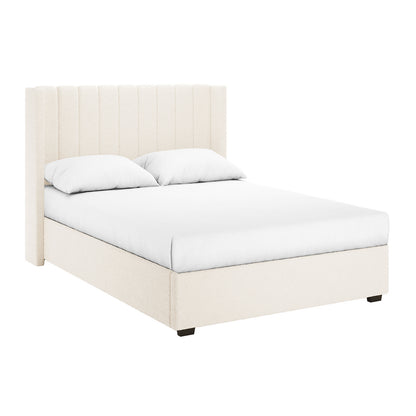 Septima & Fulvia Bouclé Queen Bed Base & Headboard in Cream White features a tall channel-stitched headboard, plush upholstered frame, and matching base against white sheets and pillows for a sophisticated minimalist look.