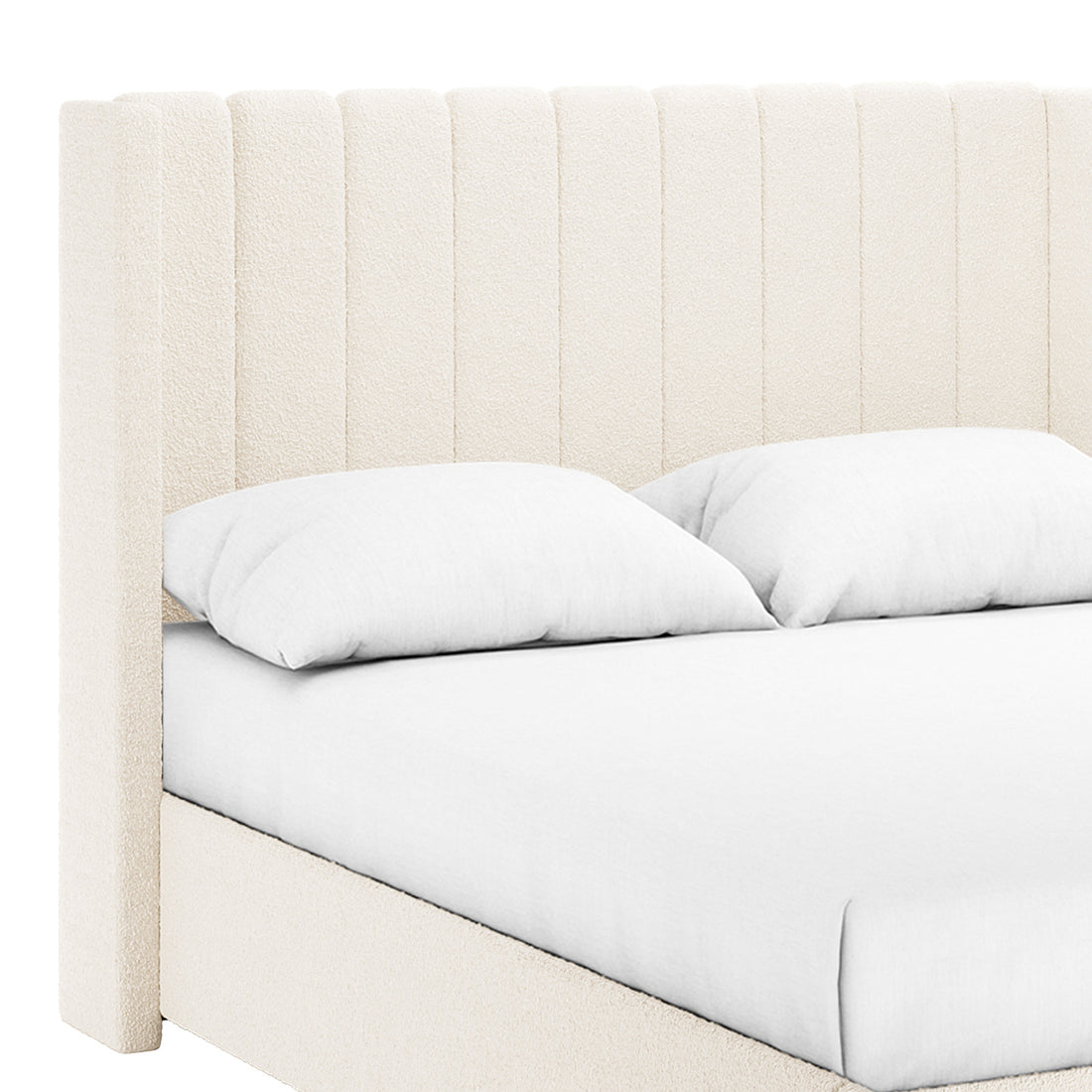 Septima & Fulvia Bouclé Queen Bed Base & Headboard in Cream White features a tall, channel-tufted design with plush bouclé fabric, creating an elegant focal point for modern bedroom settings.