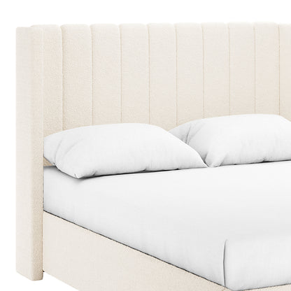 Septima & Fulvia Bouclé Queen Bed Base & Headboard in Cream White features a tall, channel-tufted design with plush bouclé fabric, creating an elegant focal point for modern bedroom settings.