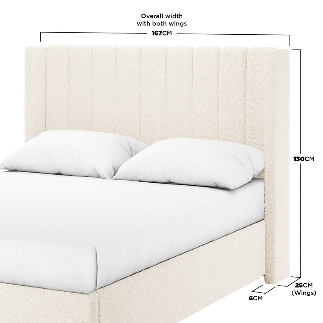 Septima & Fulvia Bouclé Queen Bed Base & Headboard in Cream White, featuring a vertically channel-stitched, winged, upholstered design with visible pillows and mattress top for a sophisticated, minimalist bedroom.