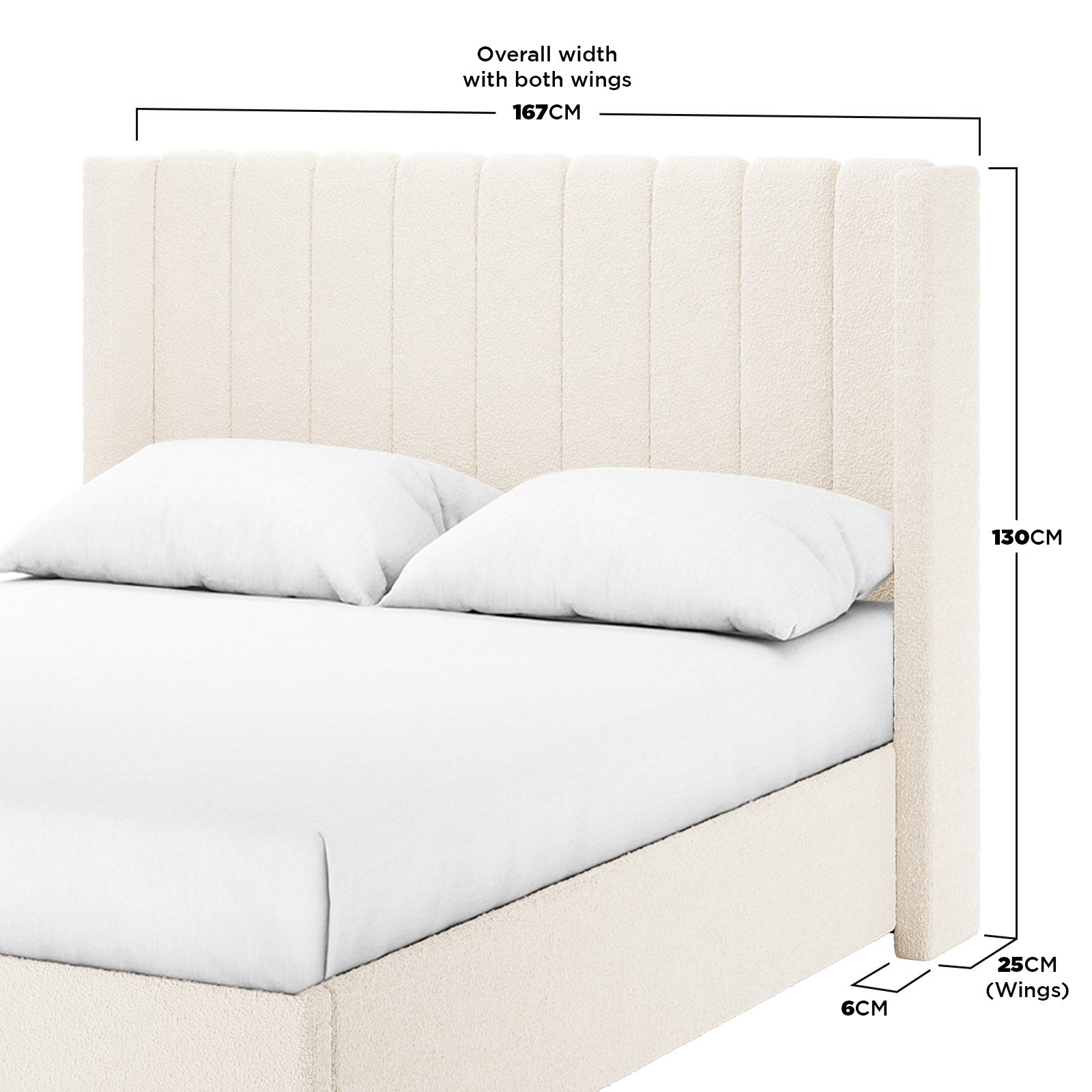 Septima & Fulvia Bouclé Queen Bed Base & Headboard in Cream White, featuring a vertically channel-stitched, winged, upholstered design with visible pillows and mattress top for a sophisticated, minimalist bedroom.