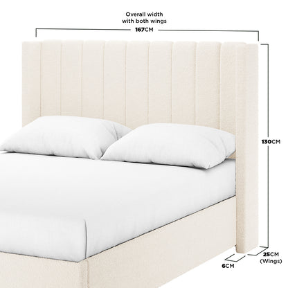 Septima & Fulvia Bouclé Queen Bed Base & Headboard in Cream White, featuring a vertically channel-stitched, winged, upholstered design with visible pillows and mattress top for a sophisticated, minimalist bedroom.