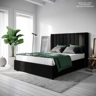 Septima & Fulvia Queen Bed & Headboard Package – Ink featuring a tufted velvet headboard with a solid wood frame and metal railings, perfect for sophisticated, modern bedroom interiors.
