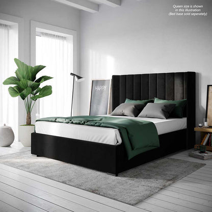 Septima & Fulvia Queen Bed & Headboard Package – Ink featuring a tufted velvet headboard with a solid wood frame and metal railings, perfect for sophisticated, modern bedroom interiors.
