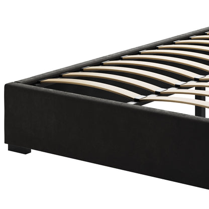 Septima & Fulvia Queen Bed & Headboard Package – Ink, featuring a black bed frame with wooden slats and a tufted headboard, combining modern sophistication with timeless elegance for luxurious bedroom style.