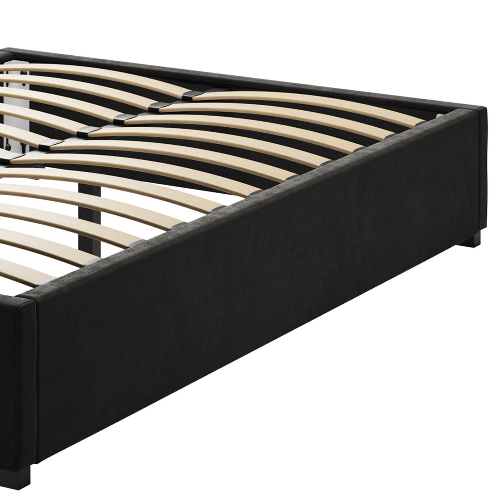 Septima & Fulvia Queen Bed & Headboard Package – Ink features a black frame with wooden slats and tufted headboard, offering a modern, luxurious aesthetic and strong, durable construction for a stylish bedroom upgrade.
