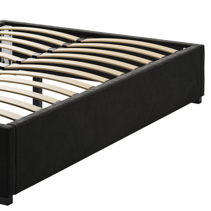 Septima & Fulvia Queen Bed & Headboard Package – Ink features a black frame with wooden slats and tufted headboard, offering a modern, luxurious aesthetic and strong, durable construction for a stylish bedroom upgrade.