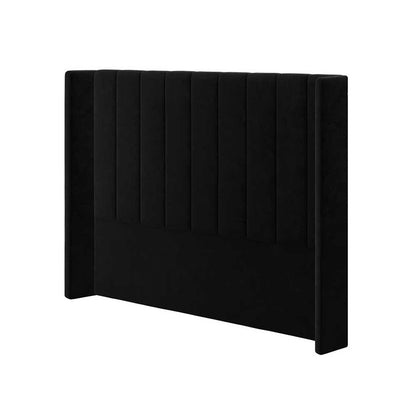 Septima & Fulvia Queen Bed & Headboard Package – Ink features a black headboard with vertical stripes, surrounded by a white border, offering a modern, sophisticated bedroom aesthetic.