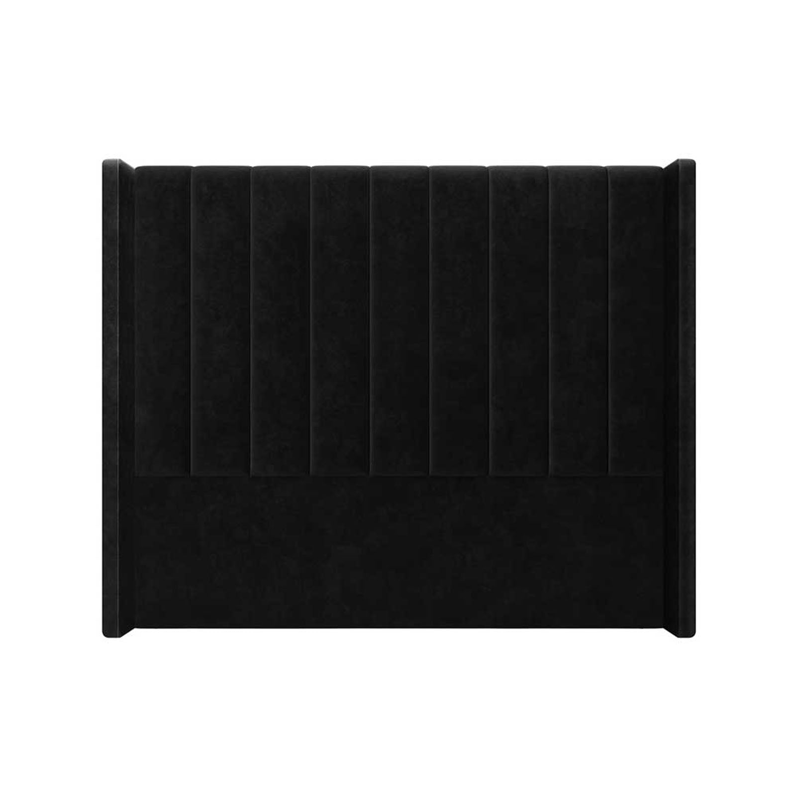 Septima & Fulvia Queen Bed & Headboard Package – Ink features a black velvet headboard with vertical stripes, offering a tufted design that enhances comfort and adds a modern, sophisticated touch.
