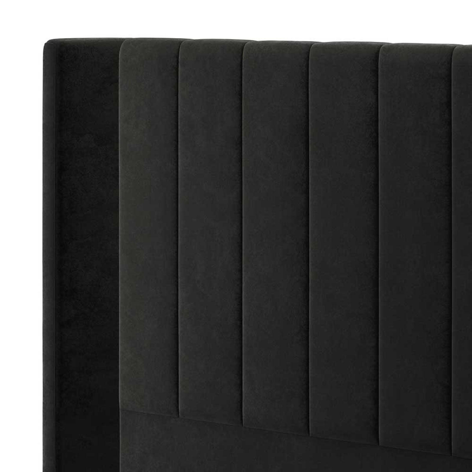 Septima & Fulvia Queen Bed & Headboard Package – Ink features a black headboard with vertical lines, showcasing a tufted velvet design that exudes modern sophistication and luxurious comfort.