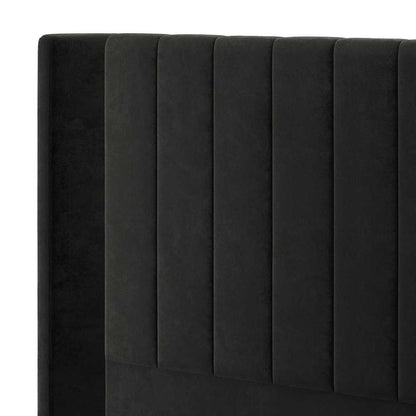 Septima & Fulvia Queen Bed & Headboard Package – Ink features a black headboard with vertical lines, showcasing a tufted velvet design that exudes modern sophistication and luxurious comfort.