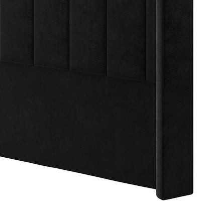 Septima & Fulvia Queen Bed & Headboard Package – Ink, featuring a four-panel, tufted black headboard and plush velvet upholstery, exudes modern elegance and sophistication.