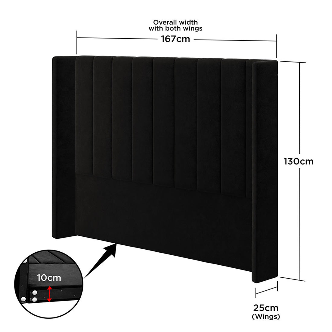 Septima & Fulvia Queen Bed & Headboard Package – Ink features a plush, tufted headboard with precise measurements, illustrating its modern elegance and solid construction for a luxurious bedroom statement.