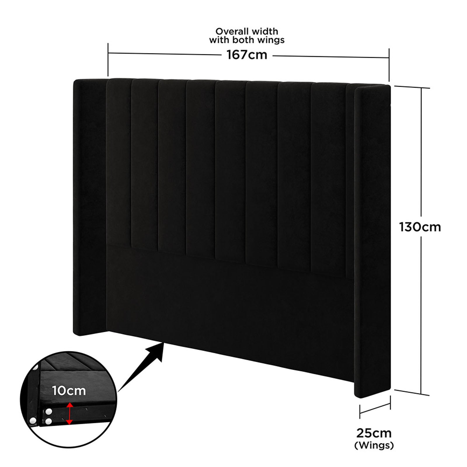 Septima & Fulvia Queen Bed & Headboard Package – Ink features a plush, tufted headboard with precise measurements, illustrating its modern elegance and solid construction for a luxurious bedroom statement.