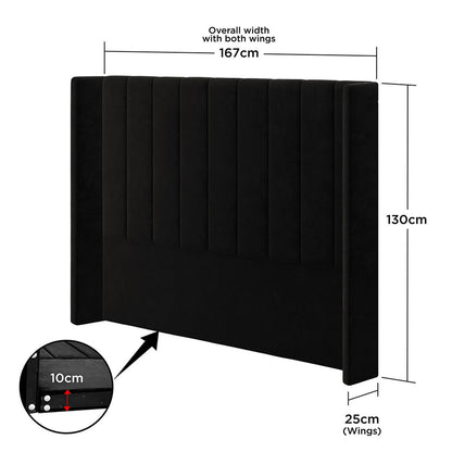 Septima & Fulvia Queen Bed & Headboard Package – Ink features a plush, tufted headboard with precise measurements, illustrating its modern elegance and solid construction for a luxurious bedroom statement.